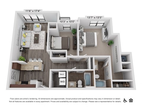 Floor plan for 2 beds, 2 baths, 945 sqft